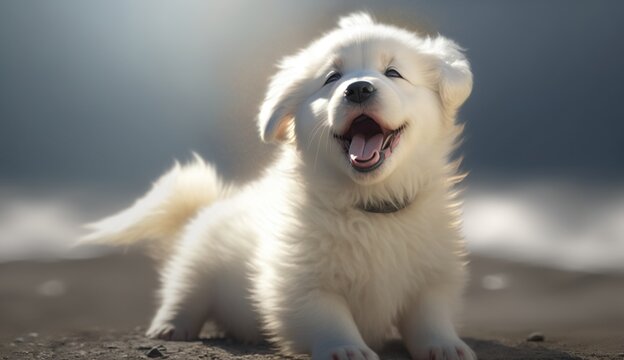 Happy white puppy in nature. Generative AI