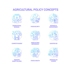 Agricultural policy blue gradient concept icons set. Law regulation of farming business idea thin line color illustrations. Isolated symbols. Roboto-Medium, Myriad Pro-Bold fonts used