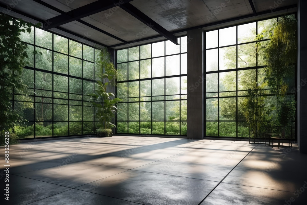 Poster illustration of an empty room with large windows letting in natural light. generative ai