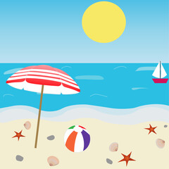 Fototapeta na wymiar Ocean coast. Sea summer coast, beach, sea with waves, red yacht, blue sky, beige sand, yellow sun, red parasol with white stripes, colorful beach ball, red starfish and scallop shells. Vector.