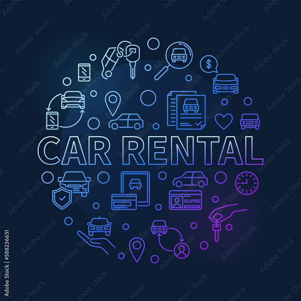 Poster Car Rental modern round banner - Rent a Vehicle vector circular blue line illustration