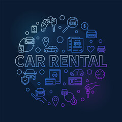 Fototapeta na wymiar Car Rental modern round banner - Rent a Vehicle vector circular blue line illustration