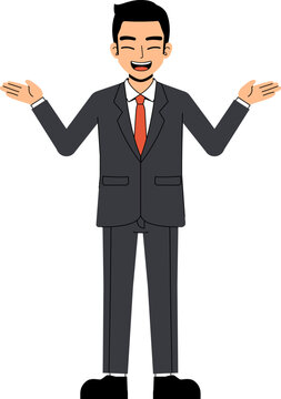 Seth Business Man Wearing Suit And Tie Welcome Happy Funny Hands Up Pose Standing Character Design Isolated