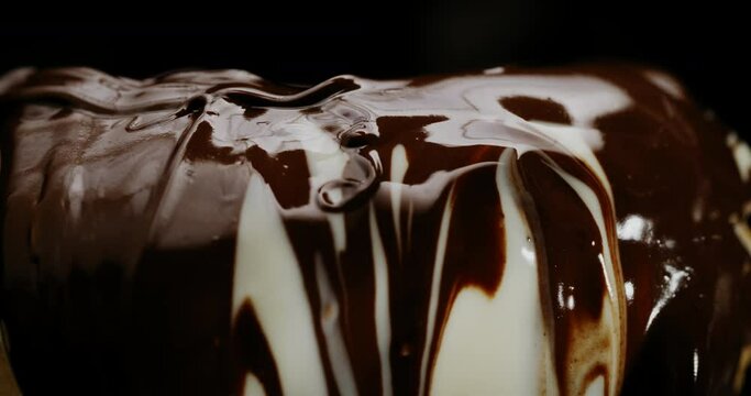Chocolatier Chef Smothers Dessert in Melted Chocolate, Rotating Table, Macro