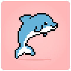 8 bit pixel dolphins. Animals for games asset and  Cross Stitch pattern in vector illustrations.