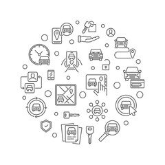 Carsharing concept round linear illustration - Car Sharing vector circle banner