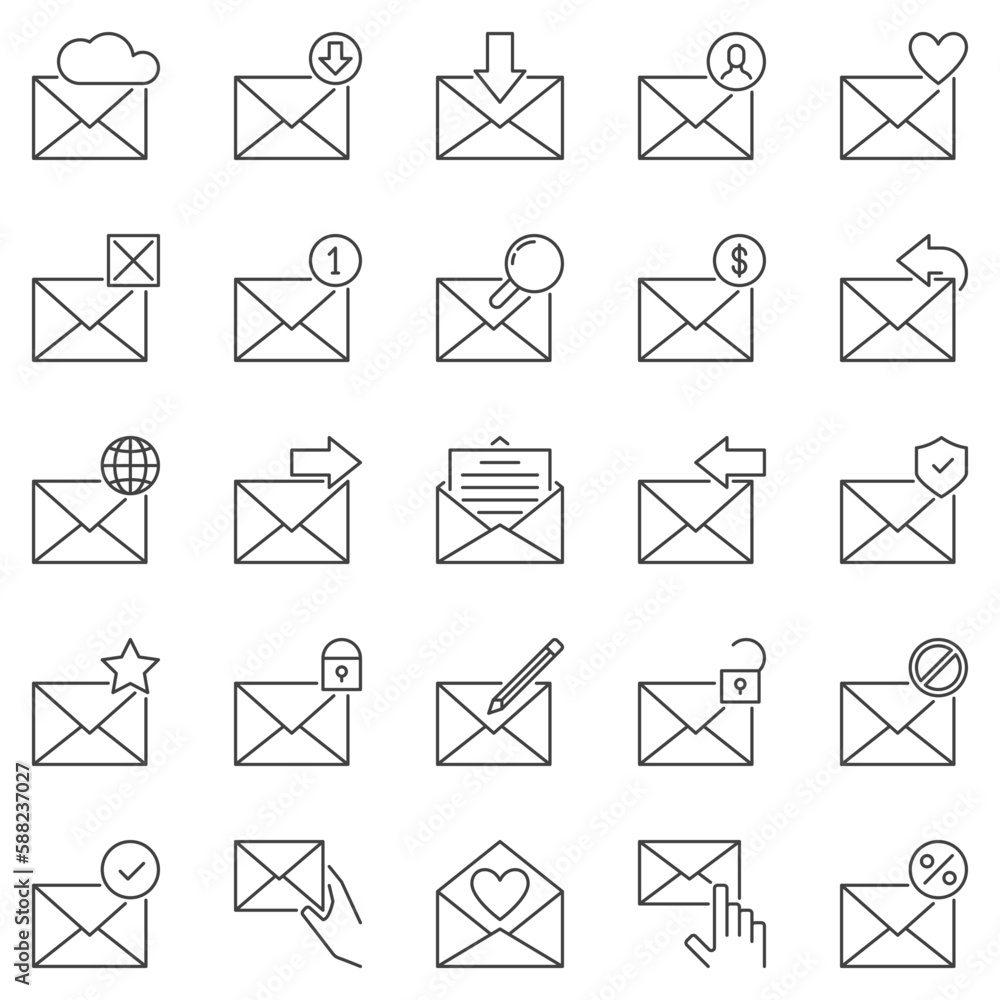 Poster envelope and email outline icons set - mail message vector line symbols