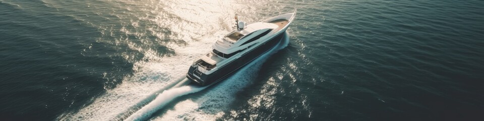 Fototapeta premium A luxury yacht rides the waves in the Mediterranean. Banner Format. Generative AI.