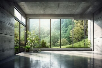 Illustration of an empty room with panoramic windows overlooking a lush forest. Generative AI