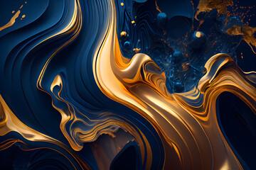 Marble abstract background with gold, blue and black colours. AI Generative