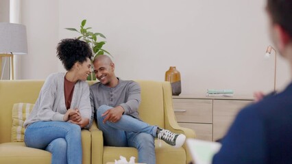 Therapy, happy and couple on sofa for consulting, marriage counseling and relationship advice. Psychology, communication and therapist talking to man and woman for love, healing and support on couch