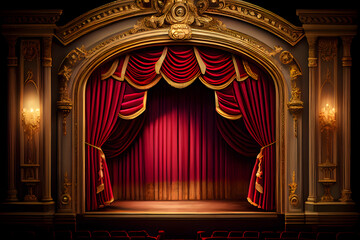 Red velvet curtain and stage with spotlights, realistic. AI Generative