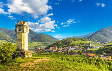 Scenic View into the Wachau valley with Danube river. Spitz town. Austria.