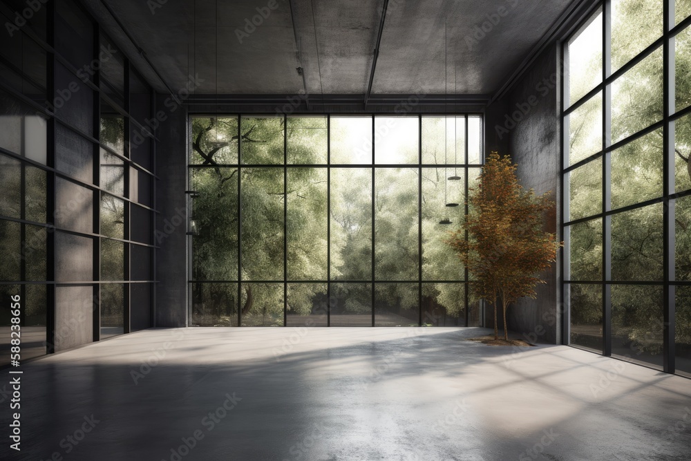 Poster illustration of an empty room with large windows and a tree outside. generative ai
