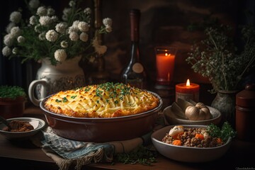 Close up Shepherd's pie withform minced meat vegetables beautiful kitchen background, Illustration, and generative AI tools.