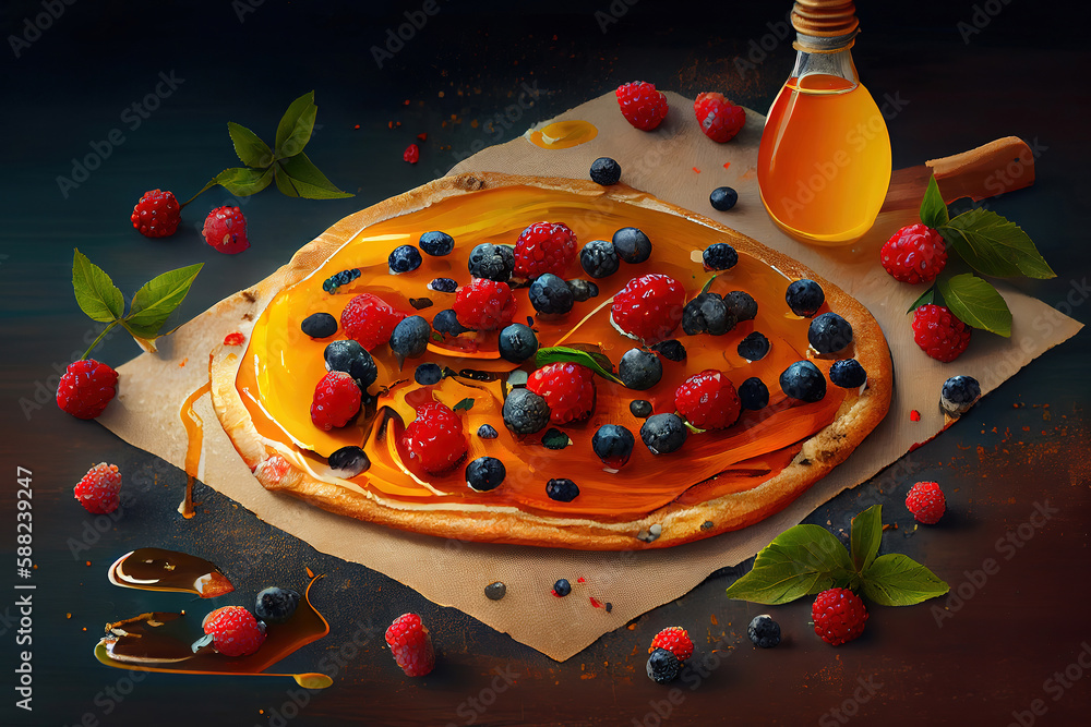 Poster flatbread with berries and honey. generative ai