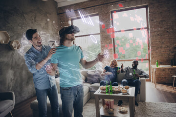 Creative poster banner collage of friendship gathering have e sport tournament one guy playing video game