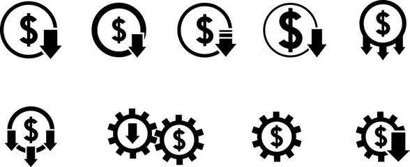Cost reduction. Cost increase icon. Price reduced, discount icon. Financial vector illustration.