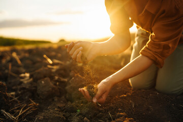 Woman farmer's hand touch the soil and check its health before growing plants, vegetables, seeds. A farmer collects soil against the backdrop of sunset. Concept of agriculture, business and ecology.