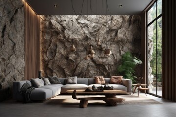 living room with a rustic stone accent wall. Generative AI