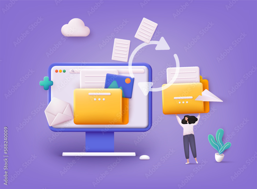 Poster transfer file of data between folder. transmission of document. backup of information on pc system. 