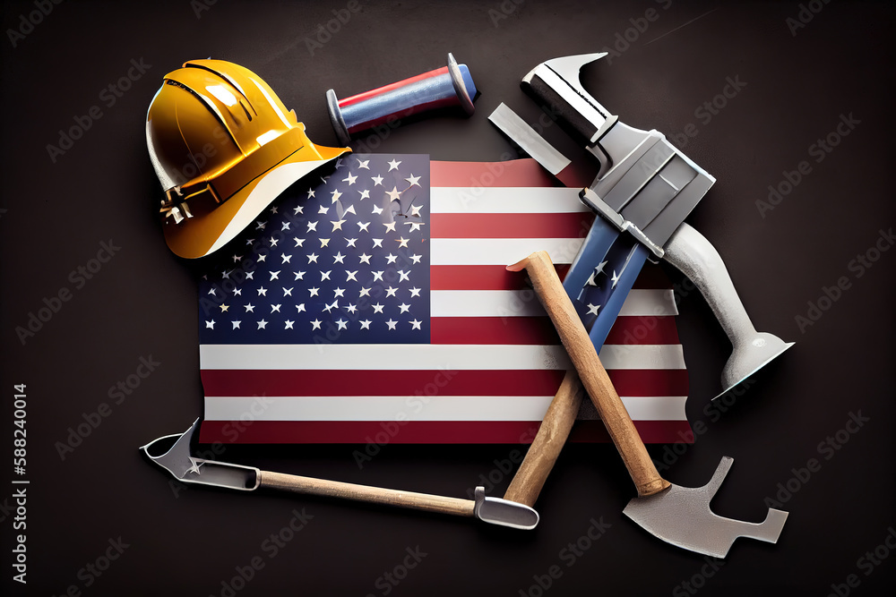 Poster happy labor day. several engineer constructor work tools. generative ai