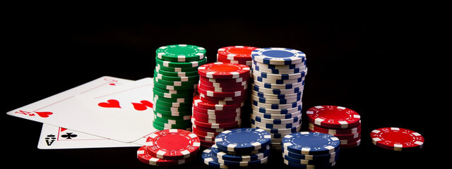 Casino poker chips falling on green felt background. Generative AI