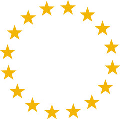 Stars of various sizes arranged in a circle. Round frame, border. Black star shape, simple symbol. Design element, ornament. Vector illustration.