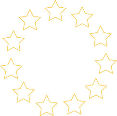 Stars of various sizes arranged in a circle. Round frame, border. Black star shape, simple symbol. Design element, ornament. Vector illustration.