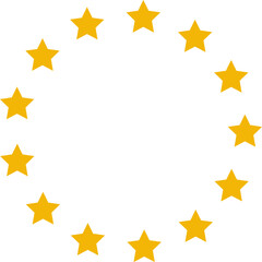 Stars of various sizes arranged in a circle. Round frame, border. Black star shape, simple symbol. Design element, ornament. Vector illustration.