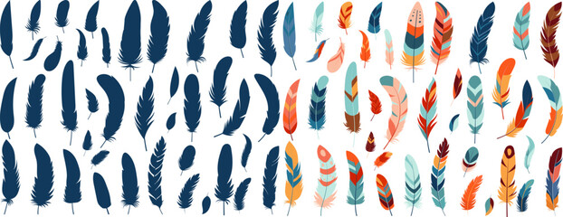 set of bird feathers in flat style isolated vector, collection