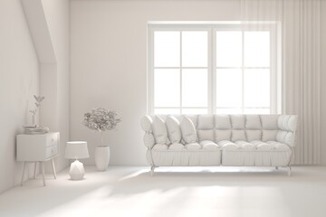 Grey interior desigh concept with furniture. 3D illustration