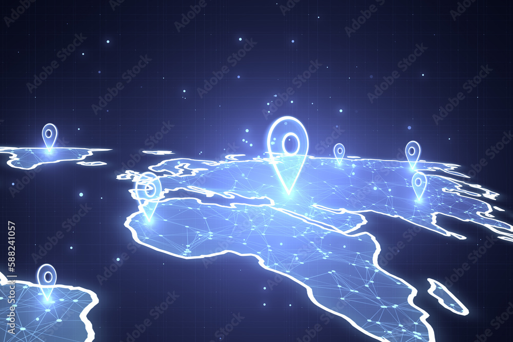 Poster glowing map with location pins on blurry blue backdrop. GPS and navigation concept. 3D Rendering.