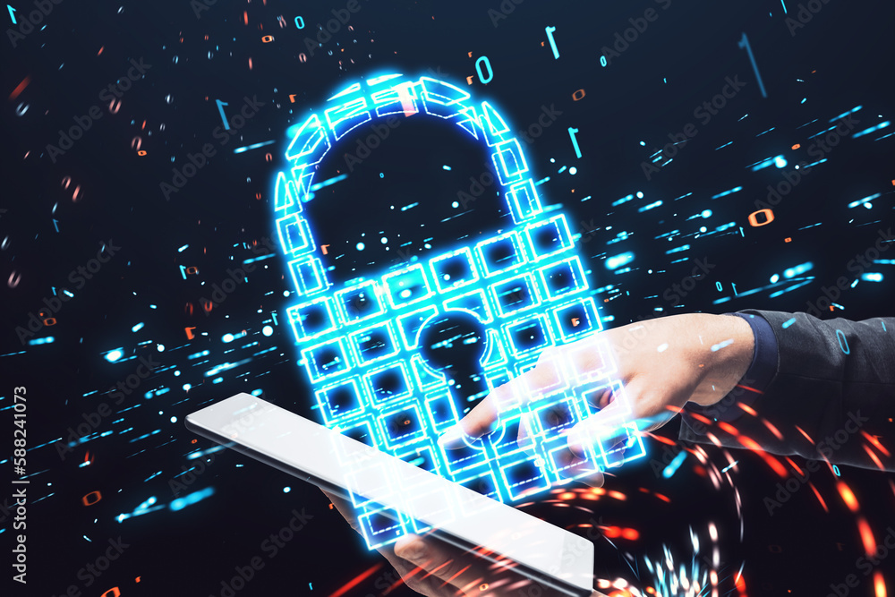 Poster close up of hand using mobile phone with glowing safety padlock icon on blurry dark background. secu