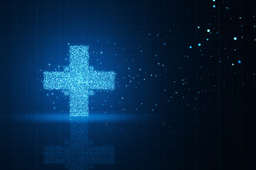 Creative glowing medical cross plus hologram on dark backdrop. Healthcare and digital transformation concept. 3D Rendering.