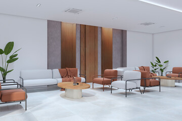 Contemporary office lobby or waiting area interior with furniture. Cozy designs concept. 3D Rendering.