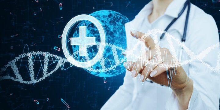 Close up of female doctor hand using glowing DNA helix, globe and healthcare cross hologram on dark background. Medicine and bioengineering concept.
