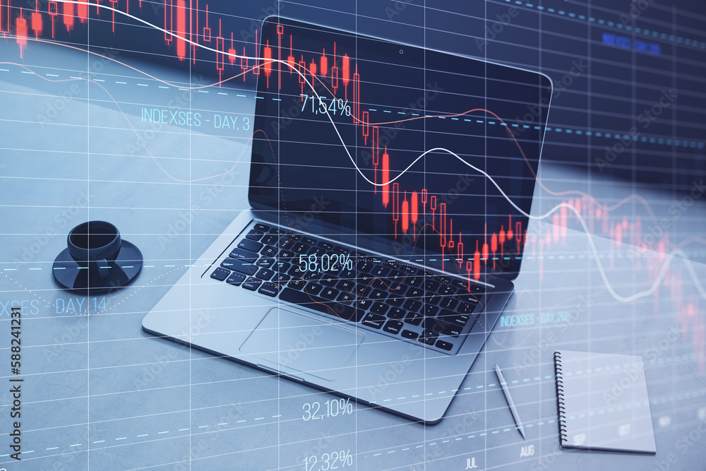 Poster close up of laptop on desktop with coffee cup, notepad and falling red crisis forex chart on screen.
