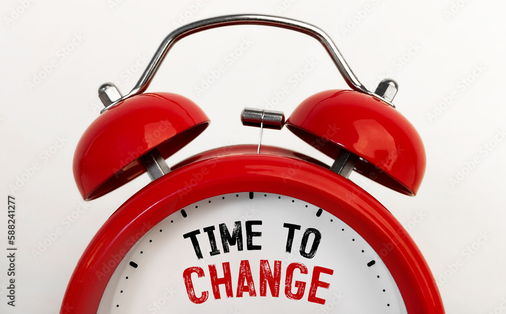 Poster red alarm clock with text time to change