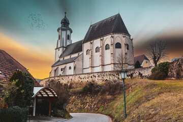 Old church in village of Emmersdorf at the beginning of the Wachau Valley, Austria.