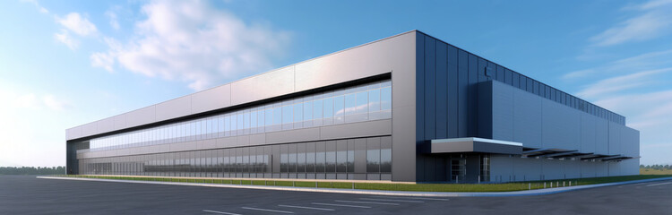 AI generated logistics center, headquarters or large office under a blue sky. AI generated so has no ties with any real entities. New condition building, under a fair blue sky. Generative AI. 