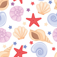 Shells seamless pattern. Cute pastel pattern with shell and starfish. Summer pattern vector illustration.