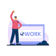 Cartoon character of young man having success at work. People getting new job. Career goals achievement for employees. Successfully task finished. Vector