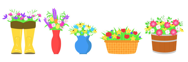 Set with bouquet of flowers. Spring flowers in boots, vase, basket, pot. Vector illustration.