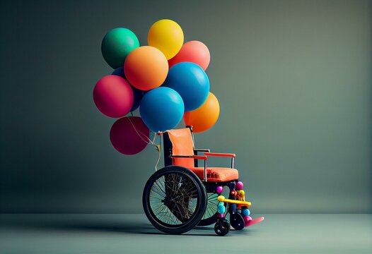 Colorful Balloons Attached To A Wheelchair In A Neutral Background, Generative AI