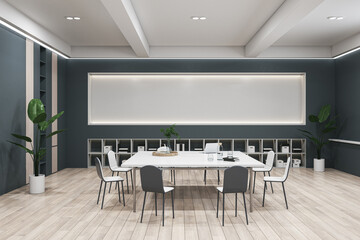Contemporary wooden and concrete meeting room interior with long mock up panel and furniture. Boardroom, law and legal concept. 3D Rendering.