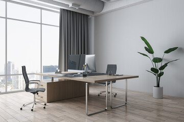 Contemporary coworking office interior with wooden flooring, panoramic window and city view, curtains, furniture and decorative items. 3D Rendering.