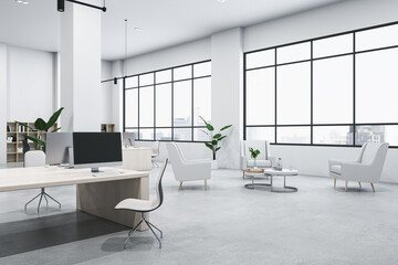 Contemporary white loft coworking office interior with panoramic windows, furniture, equipment and no people. 3D Rendering.