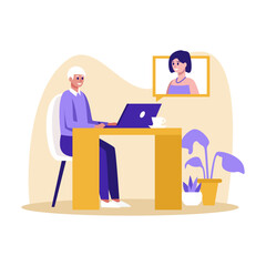 Video call conversation for remote friends. Online communication, virtual interview and network contact. Companion on screen. Software for web conference. Cartoon vector illustration