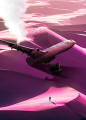 Creative and abstract art illustration of a crashed plane in the middle of a pink desert